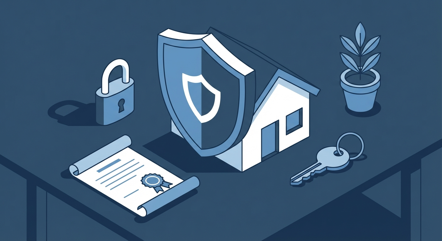 Flat vector illustration of property security with shield, lock and protected documents on desk