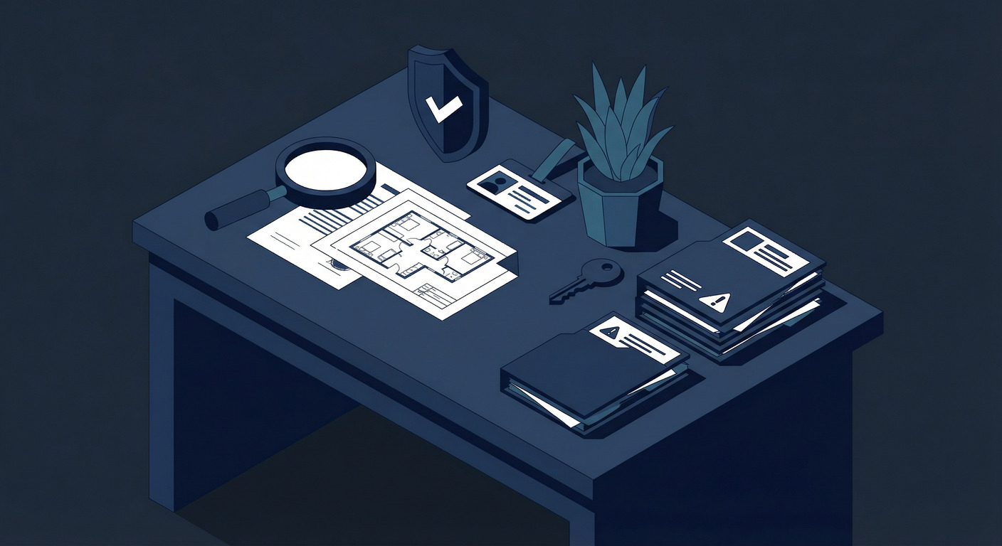 AML for estate agents compliance illustration with magnifying glass over property documents, shield and ID badge on a desk