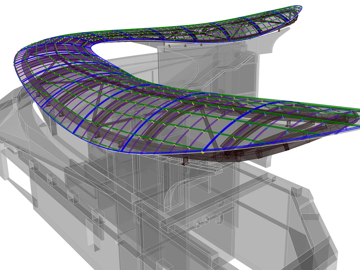 3D model of the roof structure showing color‑coded curved framing members and support elements defining the compound roof geometry that is fully coordinated with structure.