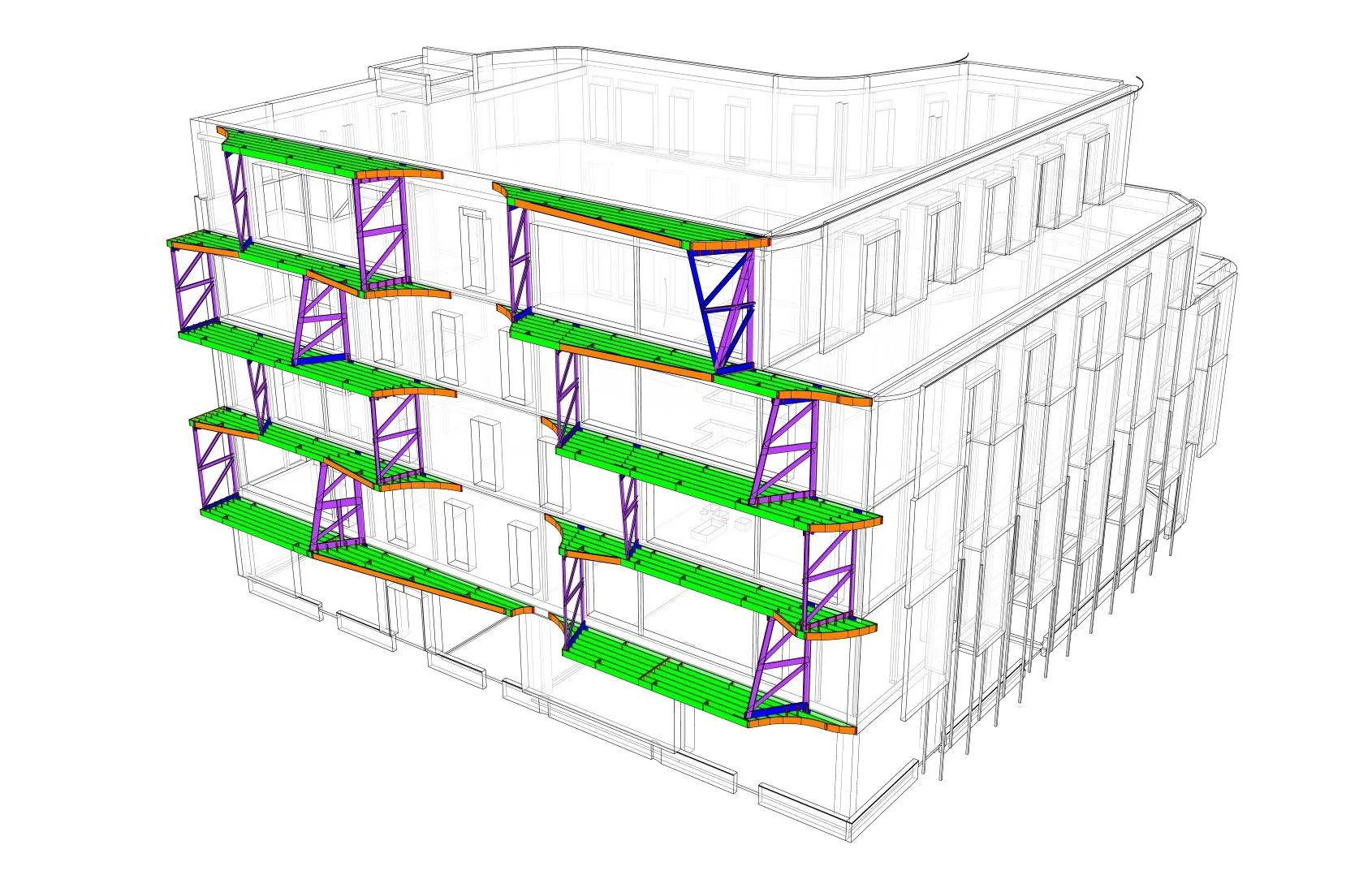 3D structural model showing stacked cold‑formed steel deck panels and trusses forming cantilevered apertures, highlighted in color within a transparent building frame.