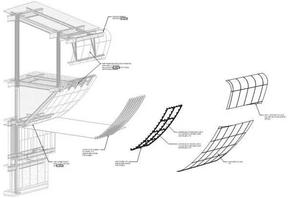 Delegated design wall assembly diagram showing building systems coordinated within the model including cold formed steel framing for Logan Terminal D Boston façade system