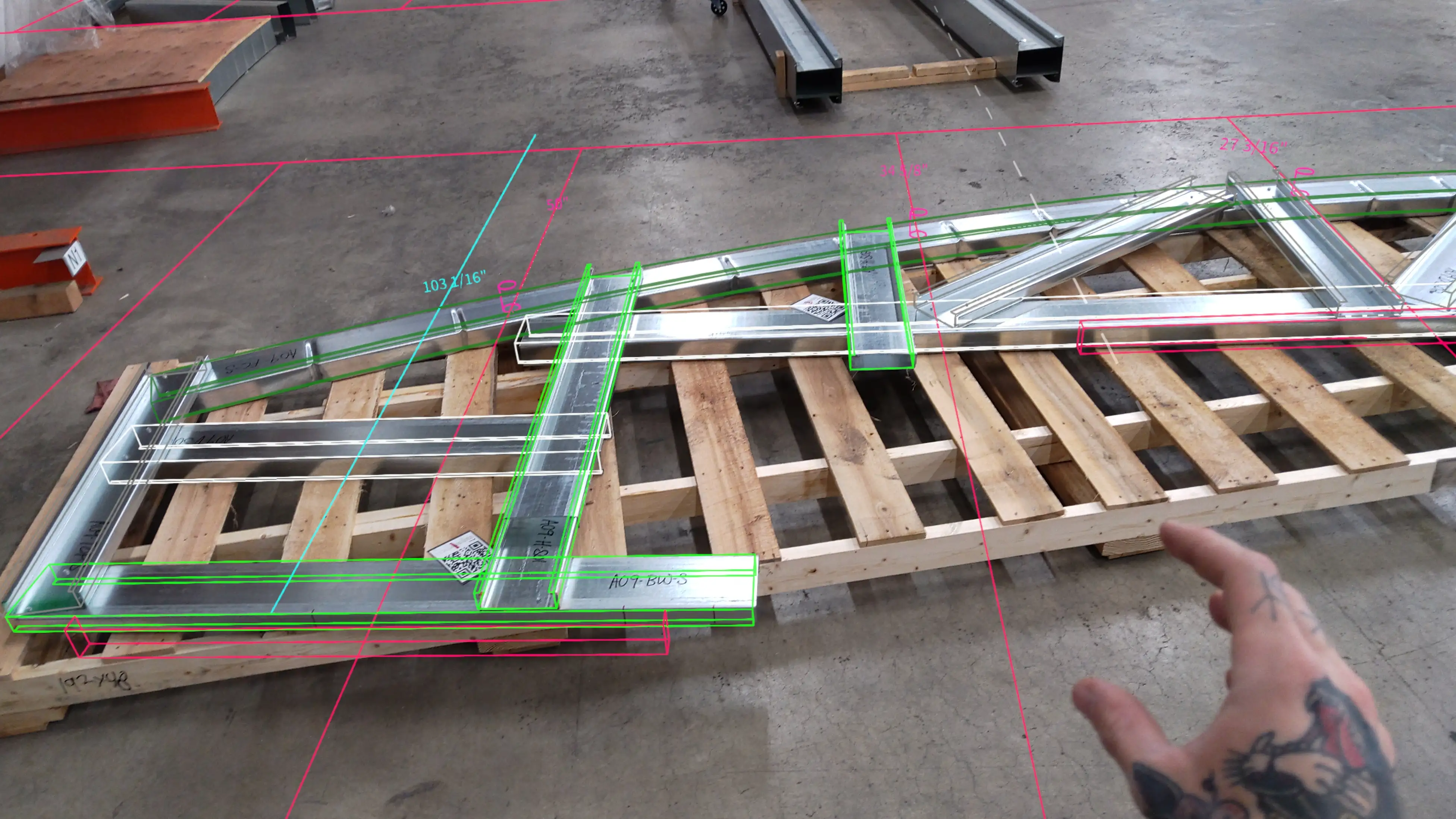 BIM coordinated assemblies demonstrating  augmented reality overlay for curved truss geometry aligned with fabricated steel trusses