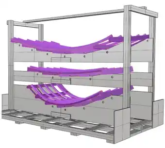 Pre-curved framing components packaged for shipment, supporting panelized installation of complex architectural forms