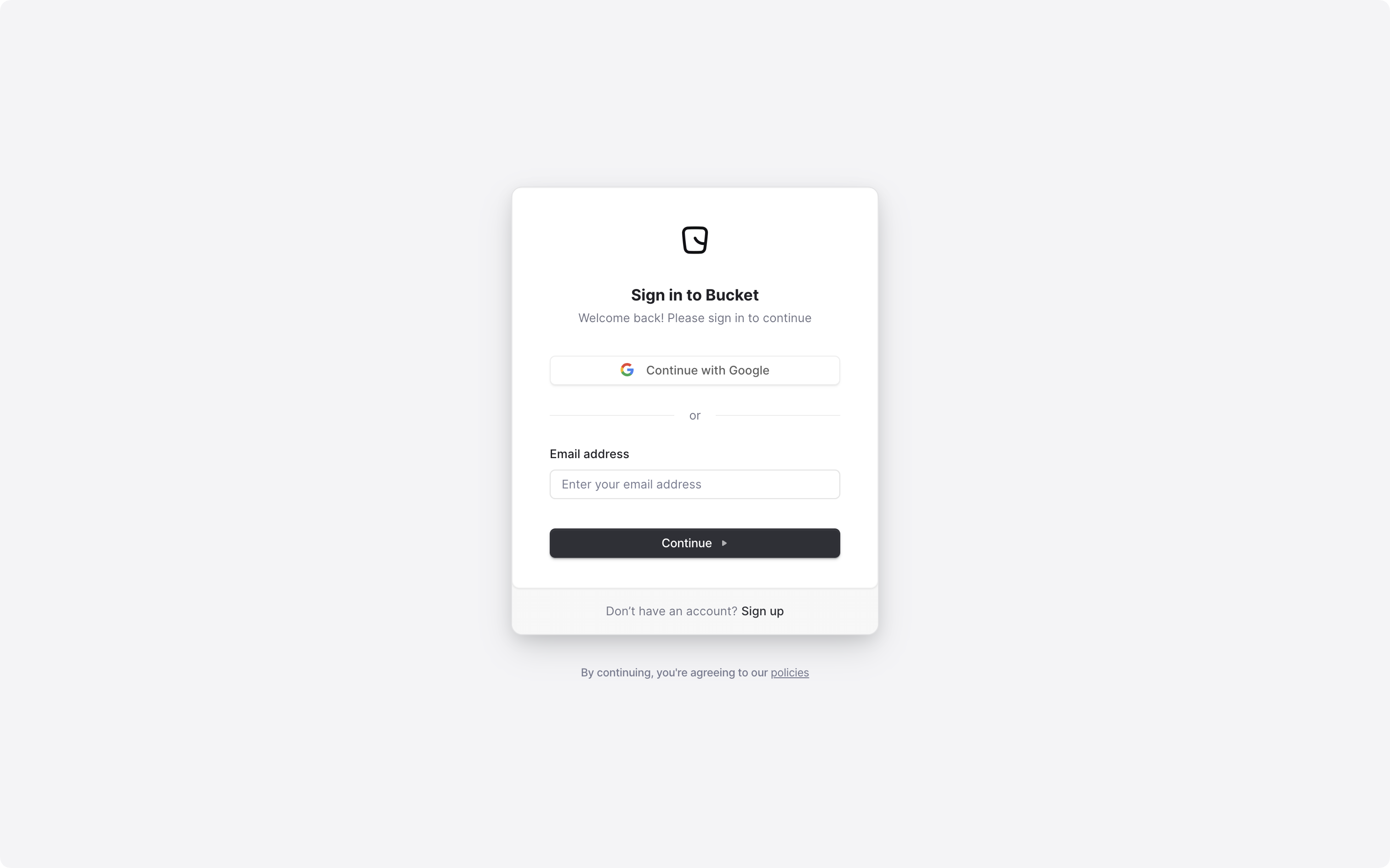 Bucket's signup page, powered by Clerk