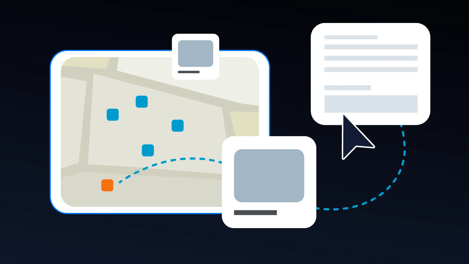 Illustration of a map with blue and orange location markers, connected by a dashed line to message boxes and a pointer cursor.
