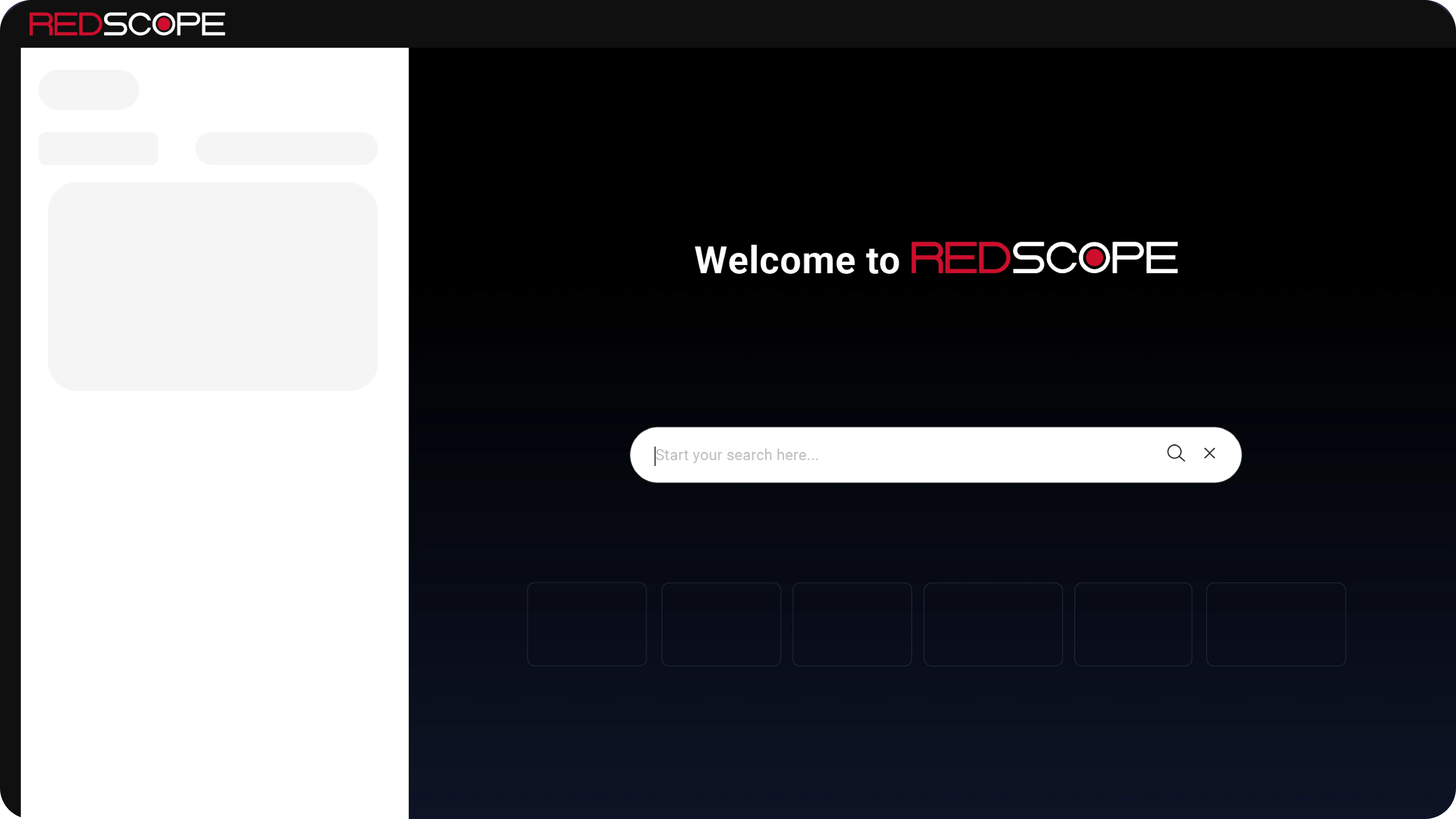 Login screen of REDSCOPE with a search bar and welcome message on a dark gradient background.