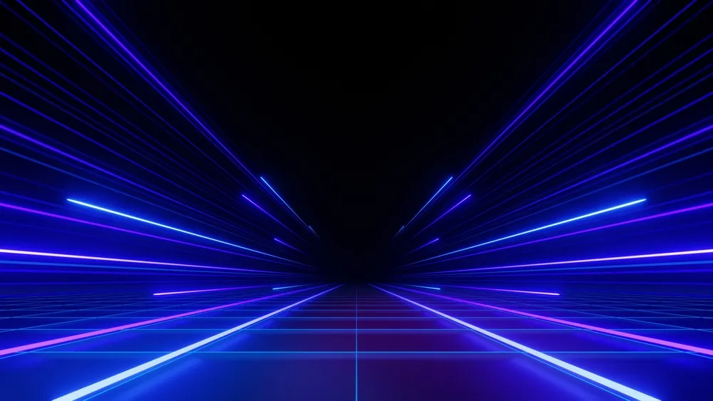 Futuristic digital grid floor with neon blue and purple light beams converging towards the center in a dark space.