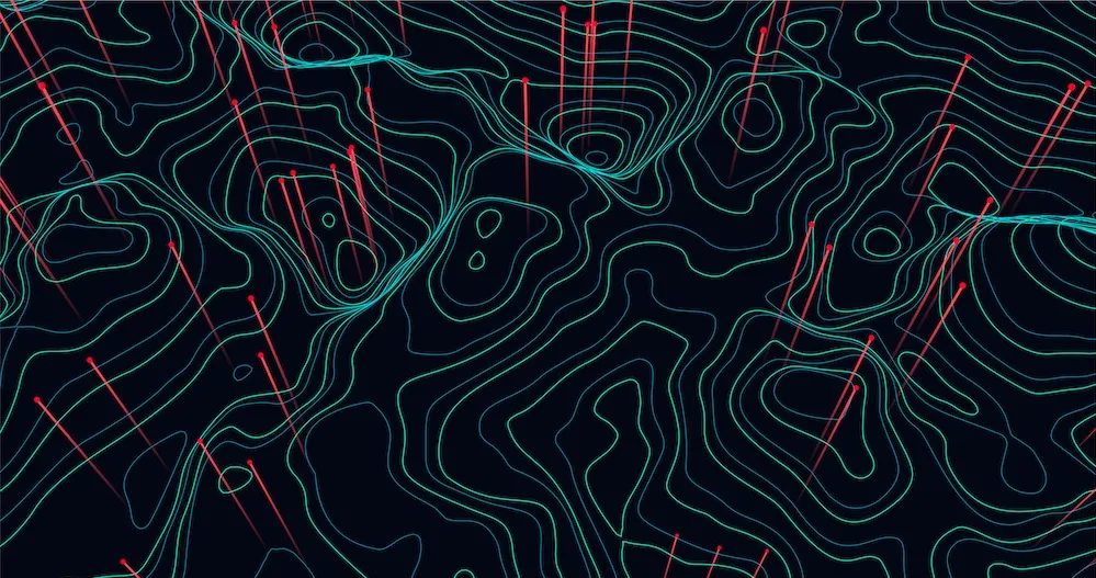 Abstract digital elevation map with green contour lines and vertical red lines and dots on a dark background.
