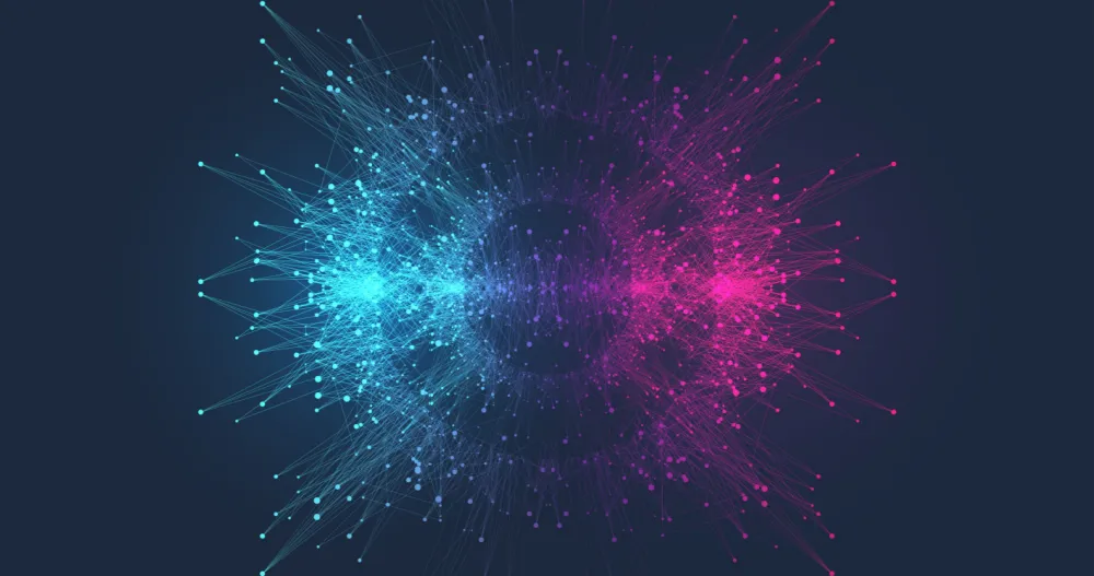 Abstract digital network visualization with interconnected blue and pink nodes converging toward the center on a dark background.