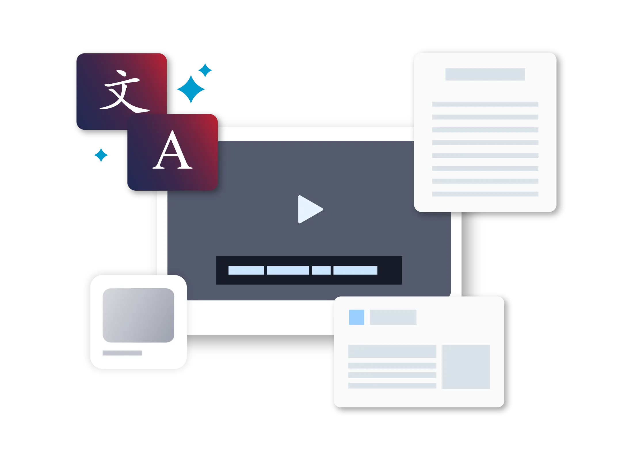 Illustration of a video player surrounded by translation icons and documents.