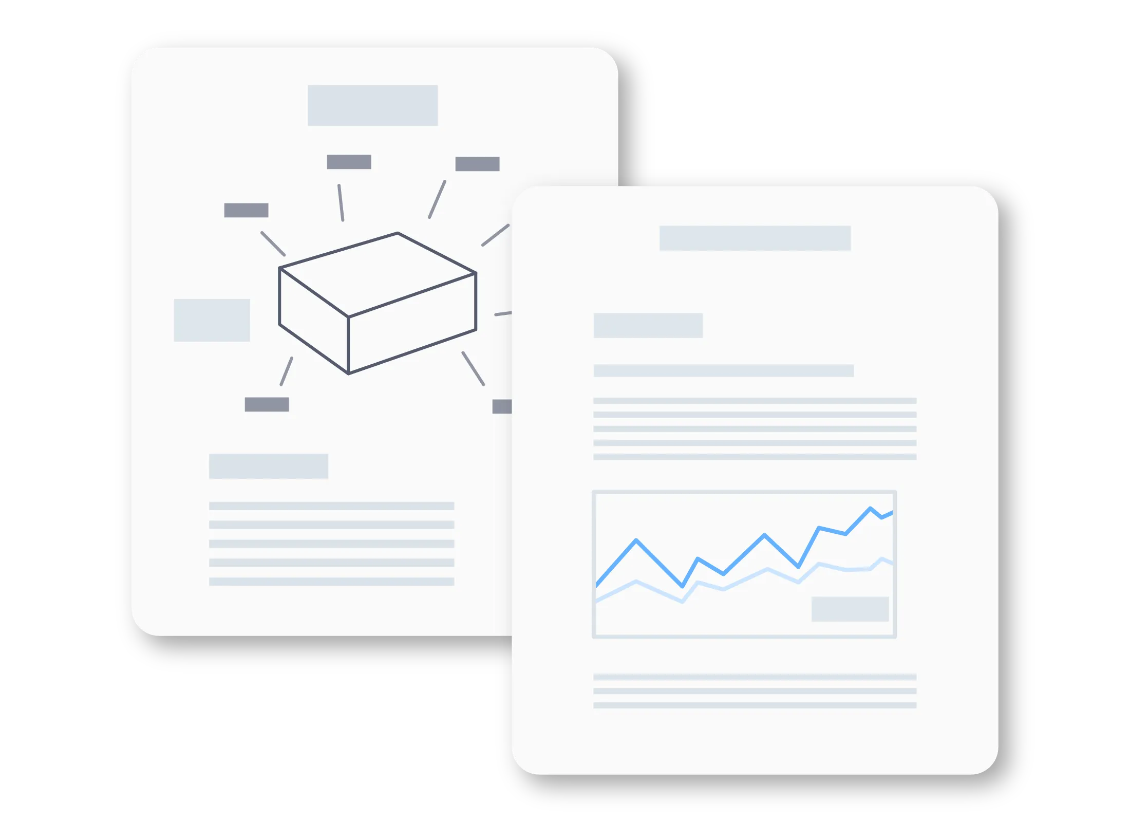 Two document illustrations, one showing a labeled 3D rectangular box diagram, and the other showing a line graph with two trend lines and text.