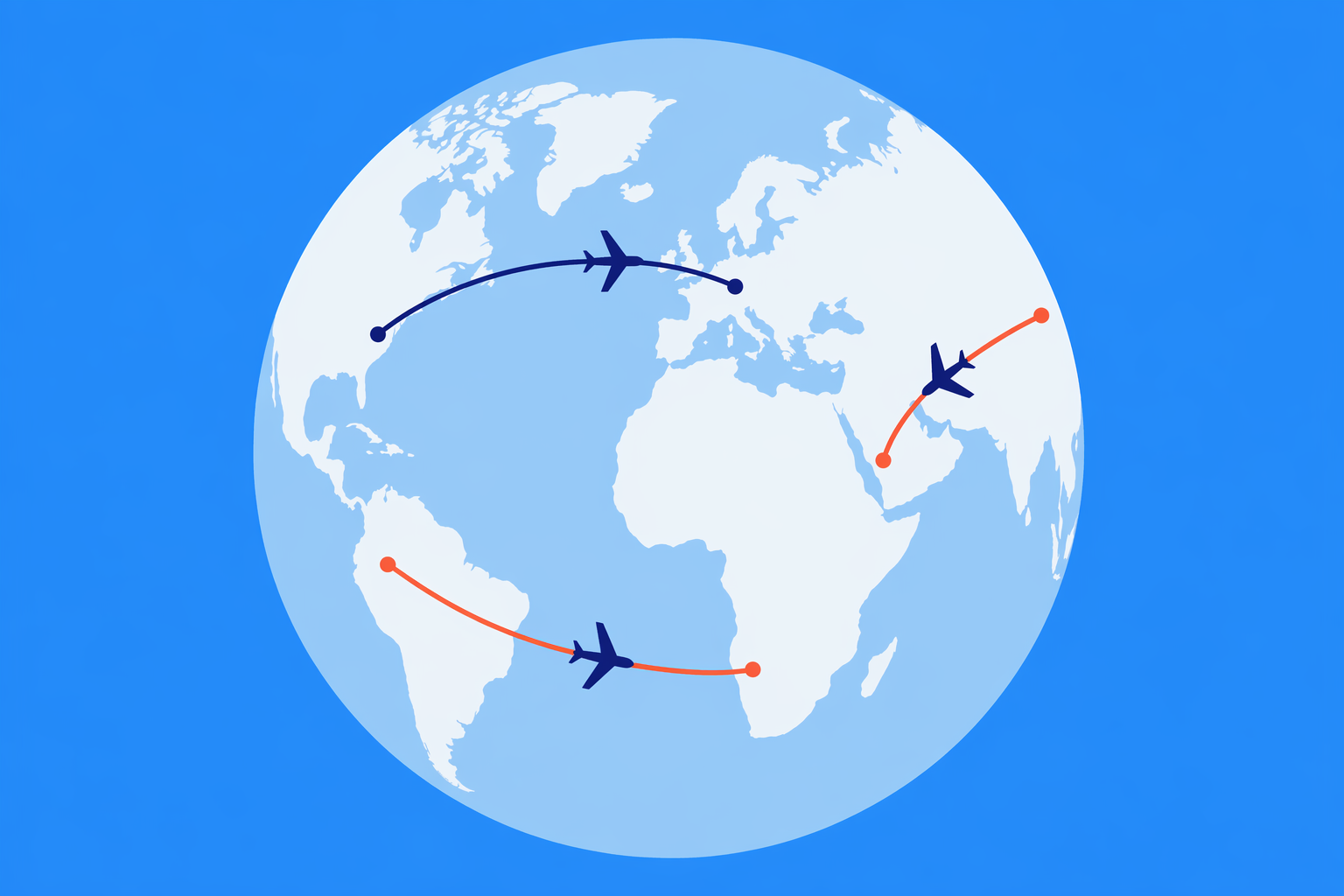Illustration of international flight routes connecting continents with price tags