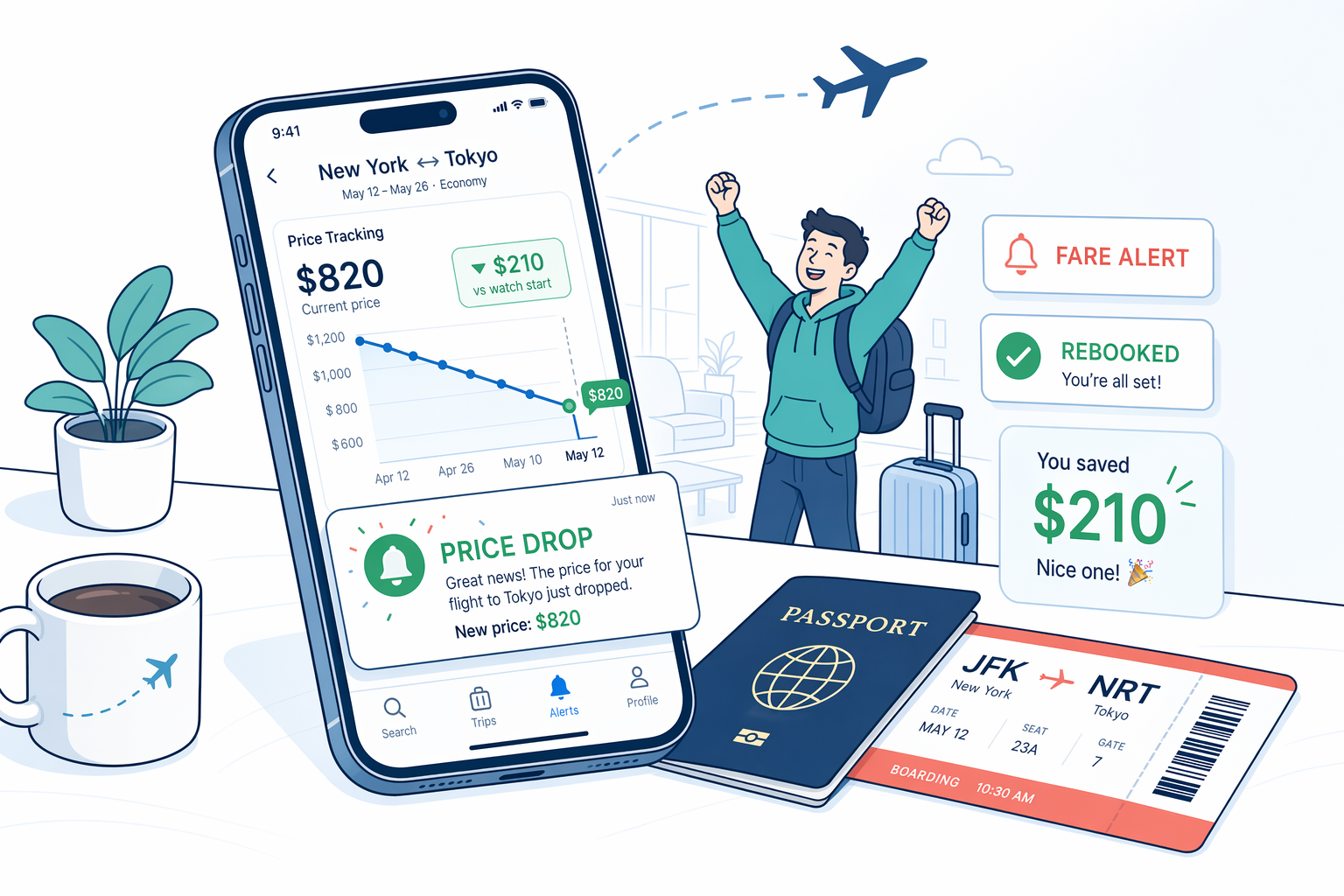 Illustration of a person monitoring flight price trends on their phone