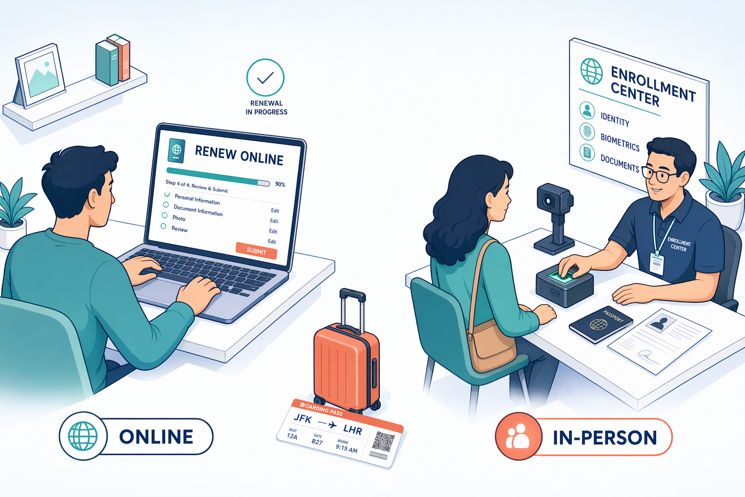 Comparison illustration of online TSA PreCheck renewal versus in-person enrollment center visit