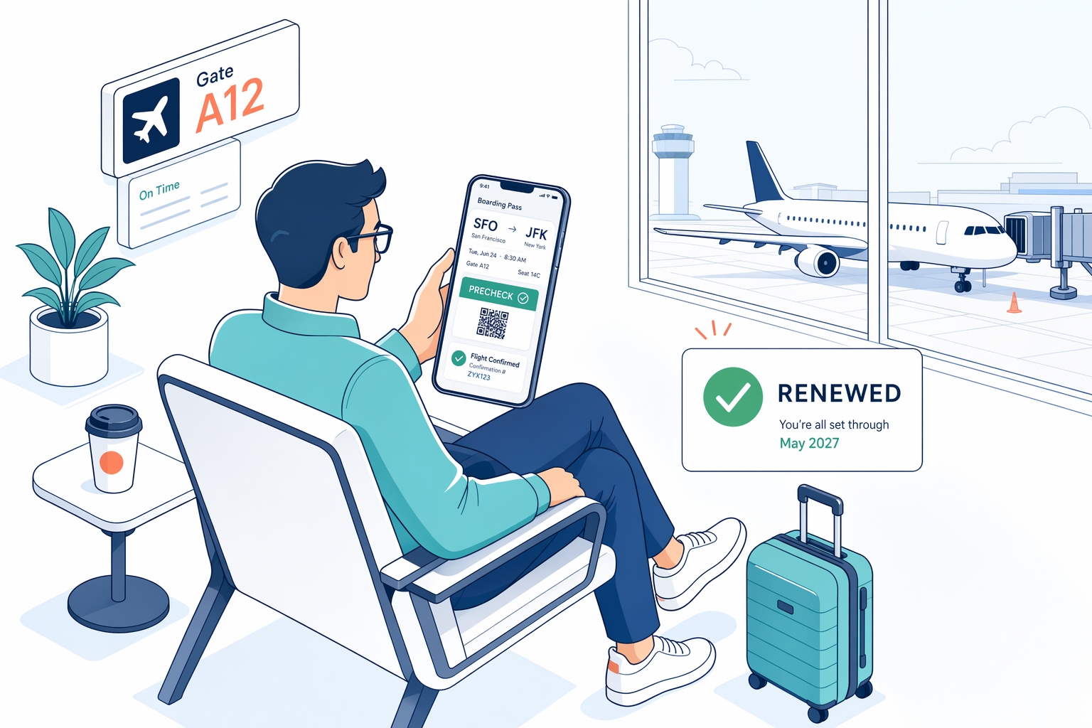 Traveler at departure gate with smartphone showing PreCheck boarding pass and renewed status