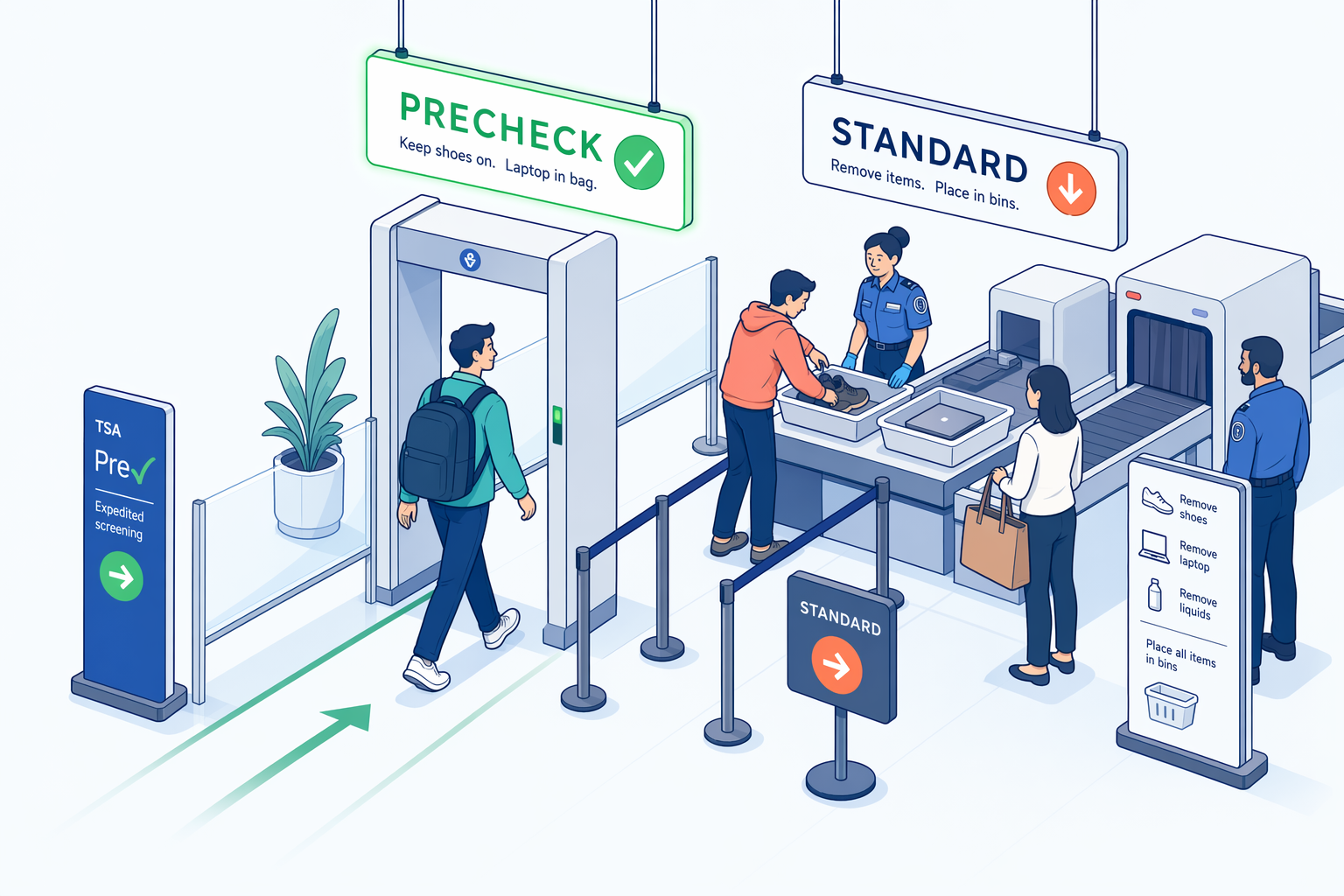 Illustration of a traveler breezing through TSA PreCheck lane versus standard security screening