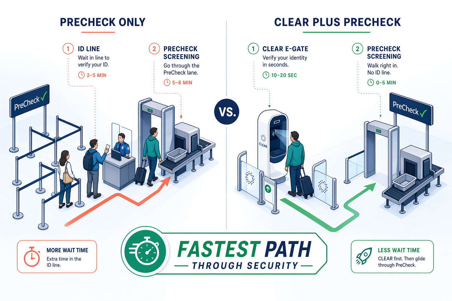 Split comparison showing PreCheck only path versus CLEAR plus PreCheck combined fastest path through airport security