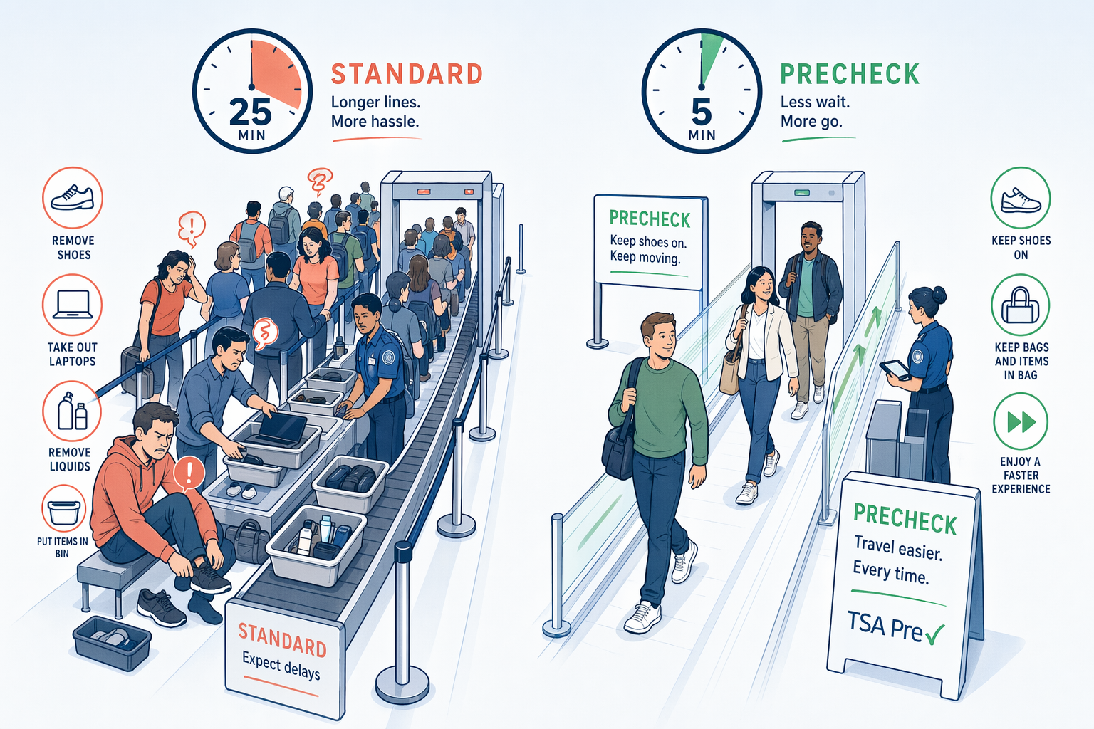 Side-by-side comparison of standard 25-minute security line versus 5-minute TSA PreCheck lane