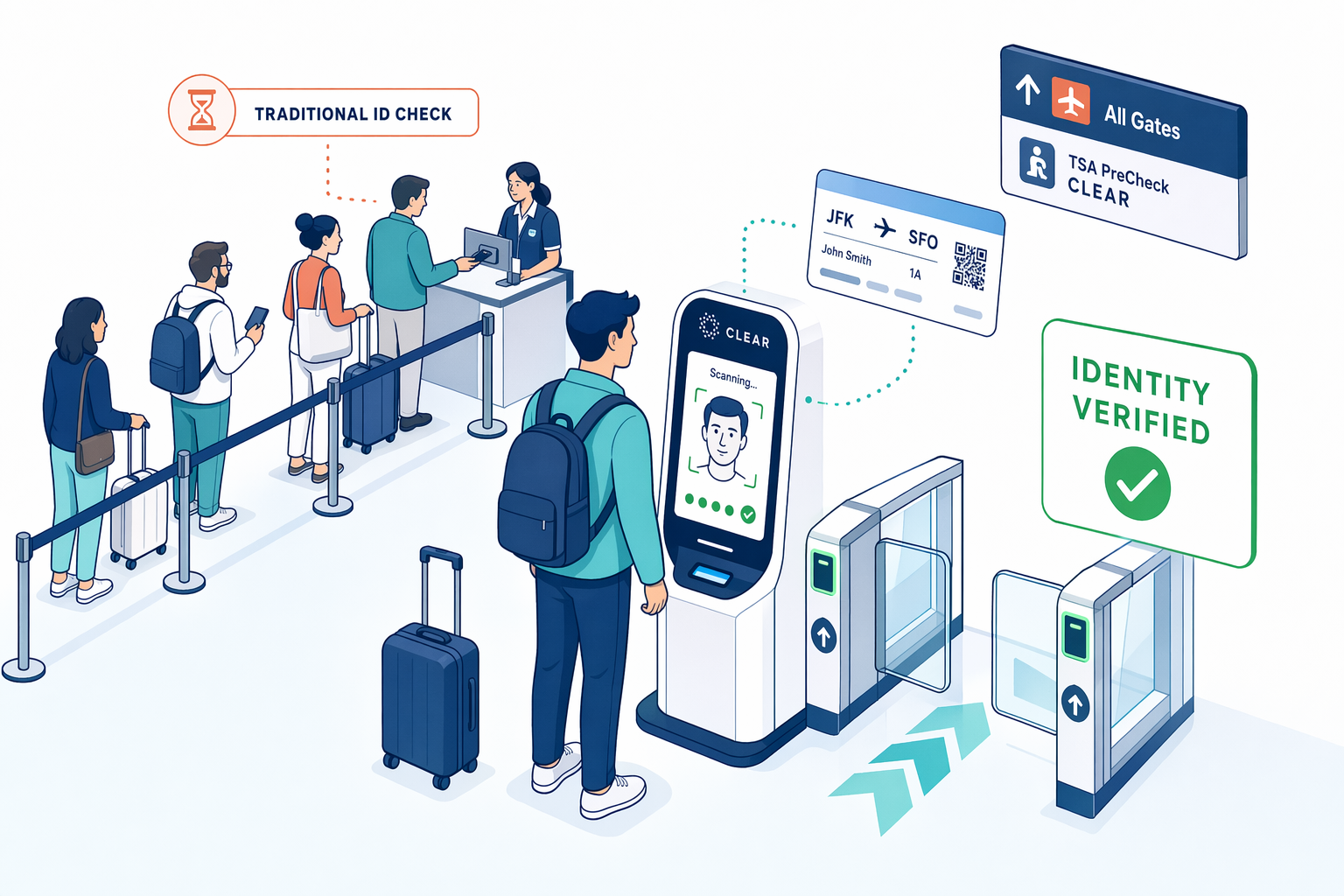 Traveler using CLEAR biometric e-gate with facial recognition for fast identity verification at airport