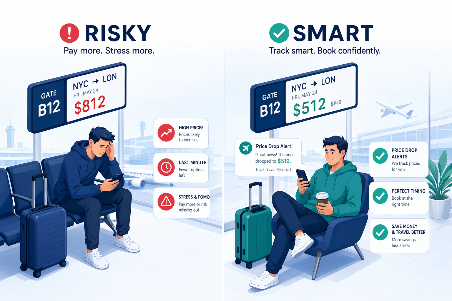 Split comparison: risky skiplagging approach versus smart automatic fare monitoring approach