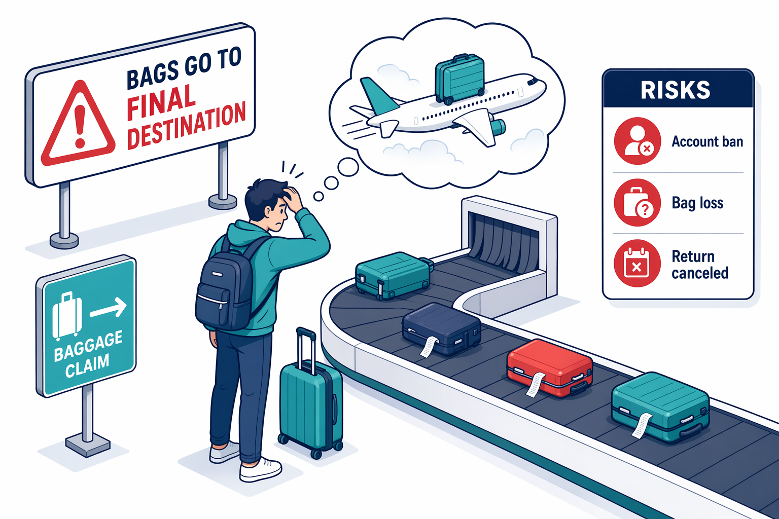 Illustration of a worried traveler at baggage carousel — checked bags go to final destination when skiplagging