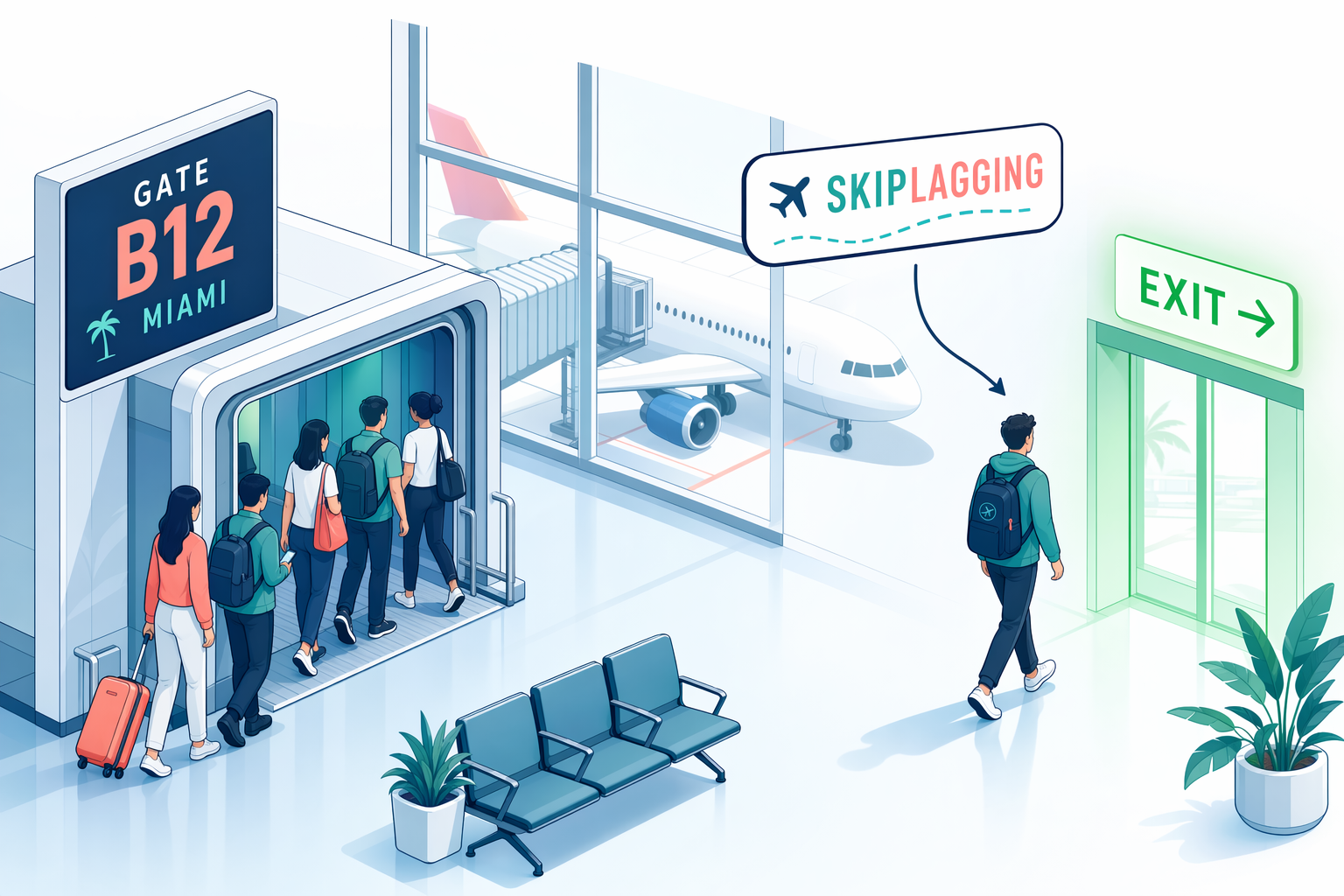 Isometric illustration of a traveler walking away from an airport gate, demonstrating the skiplagging concept