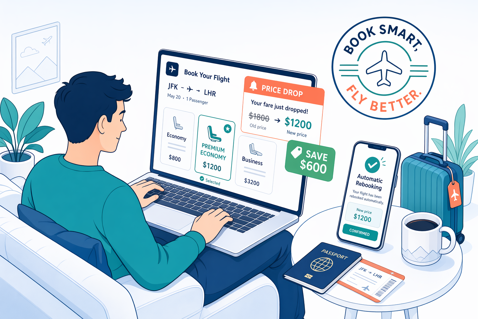 Traveler at laptop seeing a premium economy price drop notification with automatic rebooking