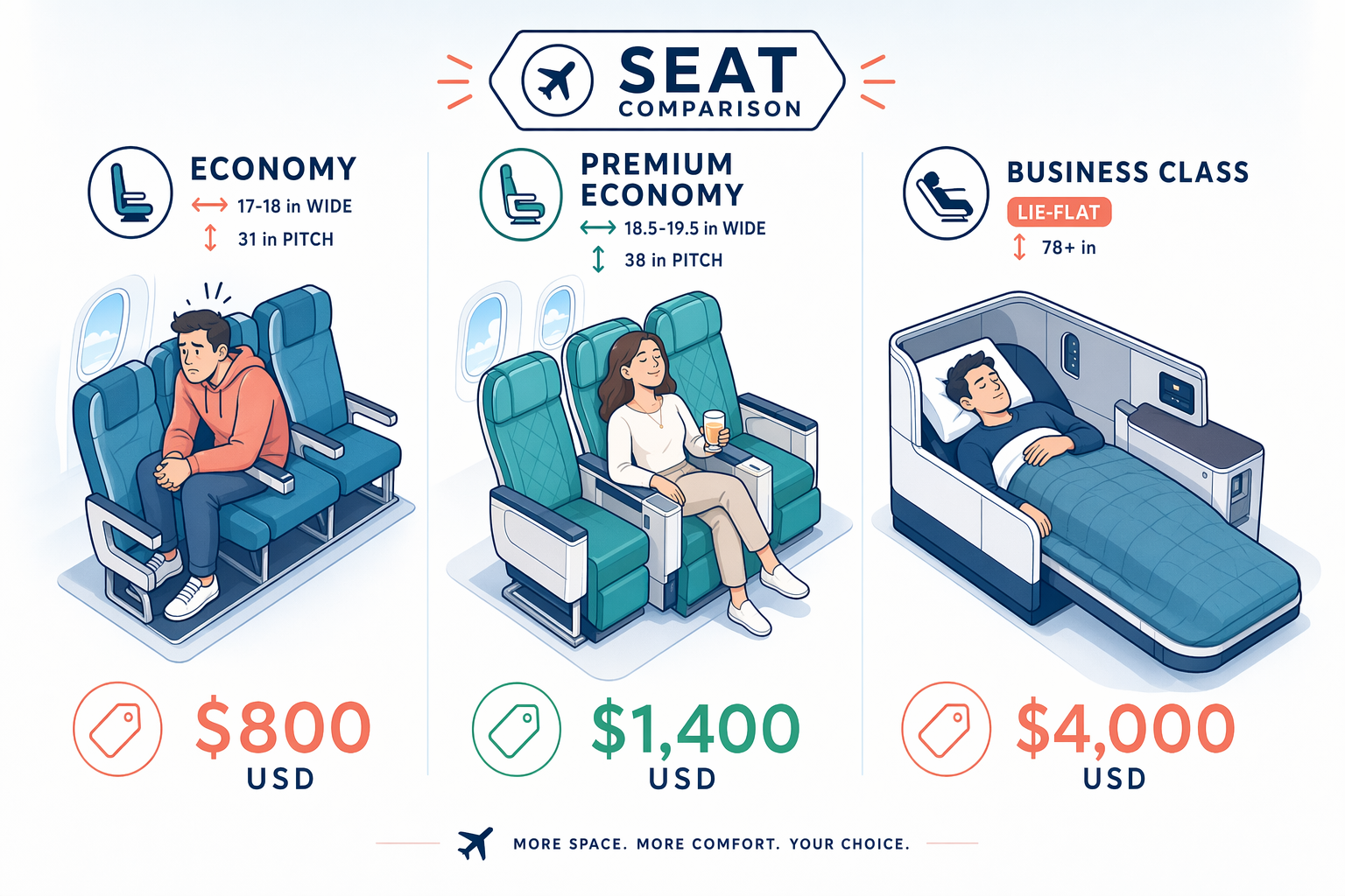 Side-by-side comparison of economy, premium economy, and business class seats with measurements and prices