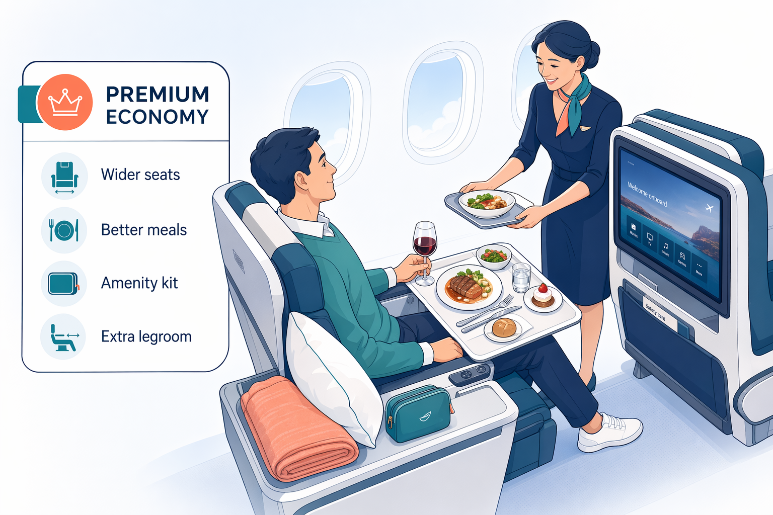 Illustration of a premium economy airplane cabin with wider seats, meal service, and amenity kit