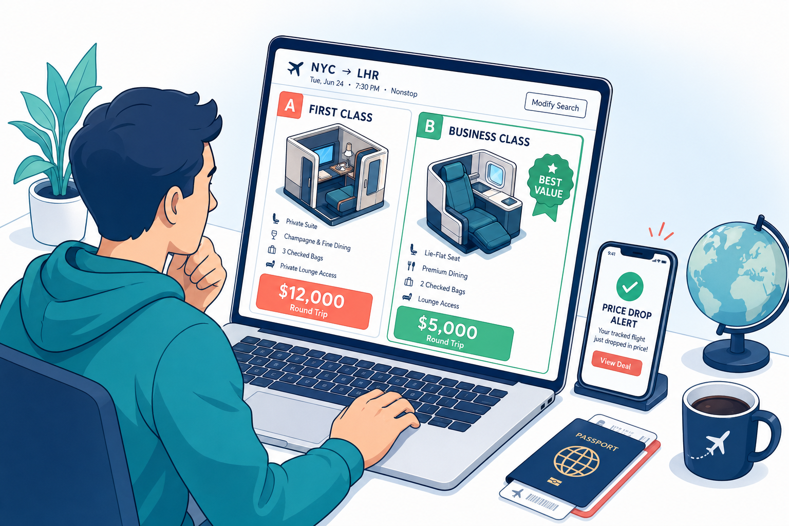 Traveler comparing first class at $12,000 versus business class at $5,000 with best value badge and price drop alert