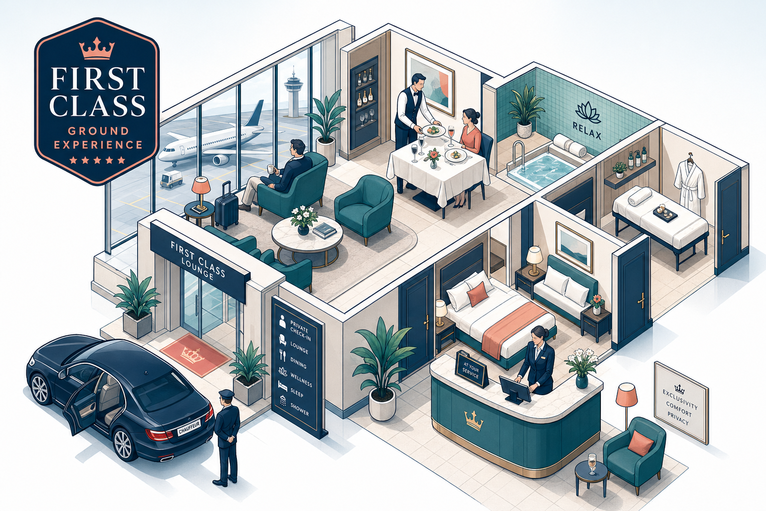 Illustration of exclusive first class airport lounge with fine dining, spa, and chauffeur service
