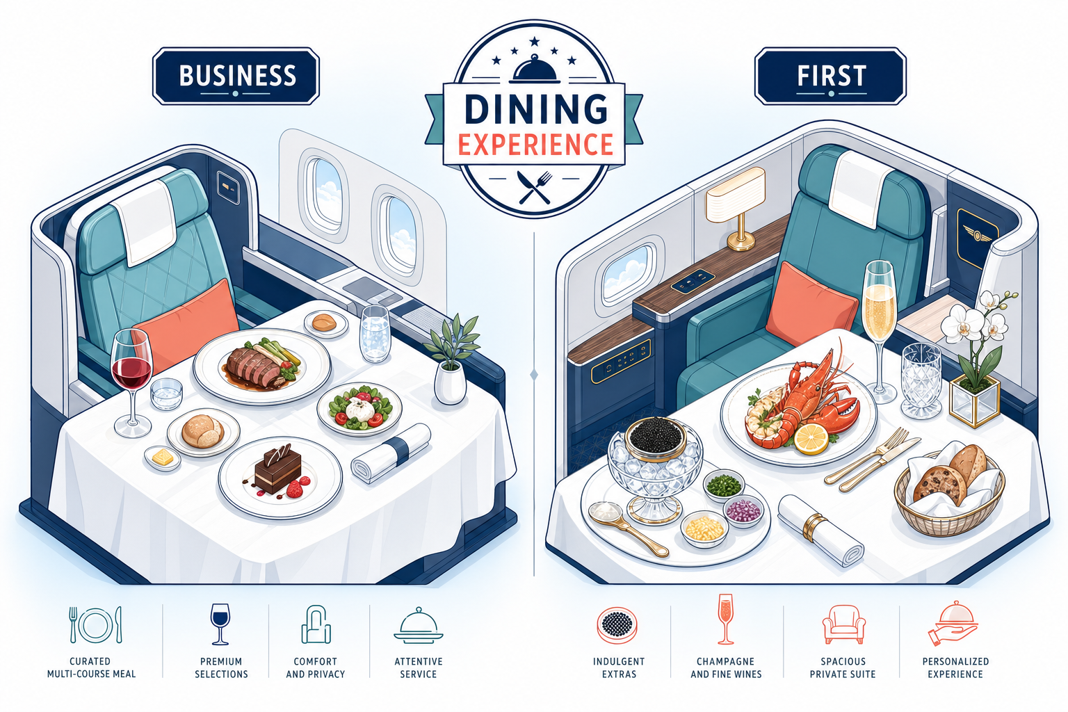 Side-by-side comparison of business class lie-flat pod seat versus first class luxury suite with separate bed and minibar