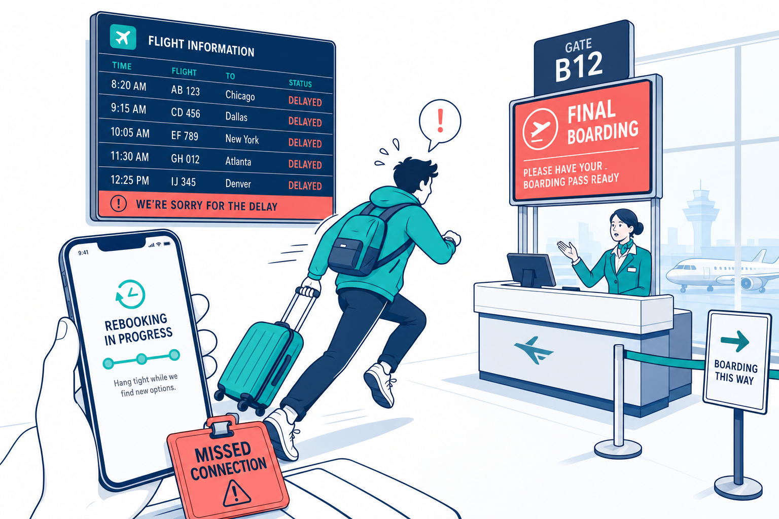 Traveler rushing to gate with FINAL BOARDING sign after a delayed incoming flight caused a missed connection