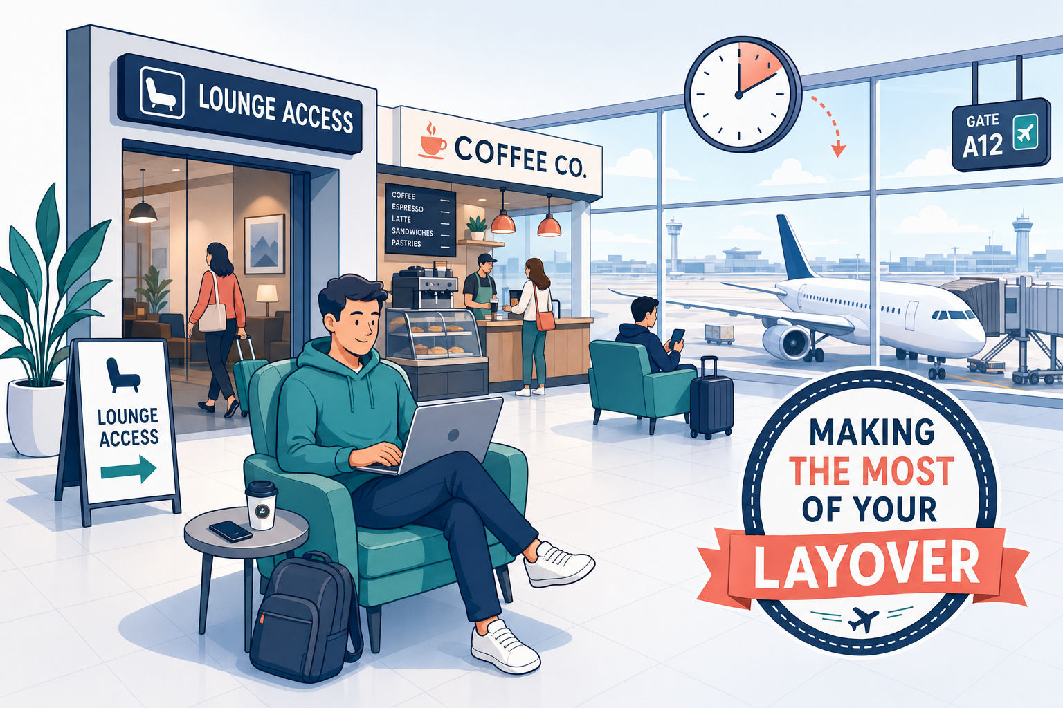 Traveler relaxing in airport lounge during a long layover with coffee and laptop