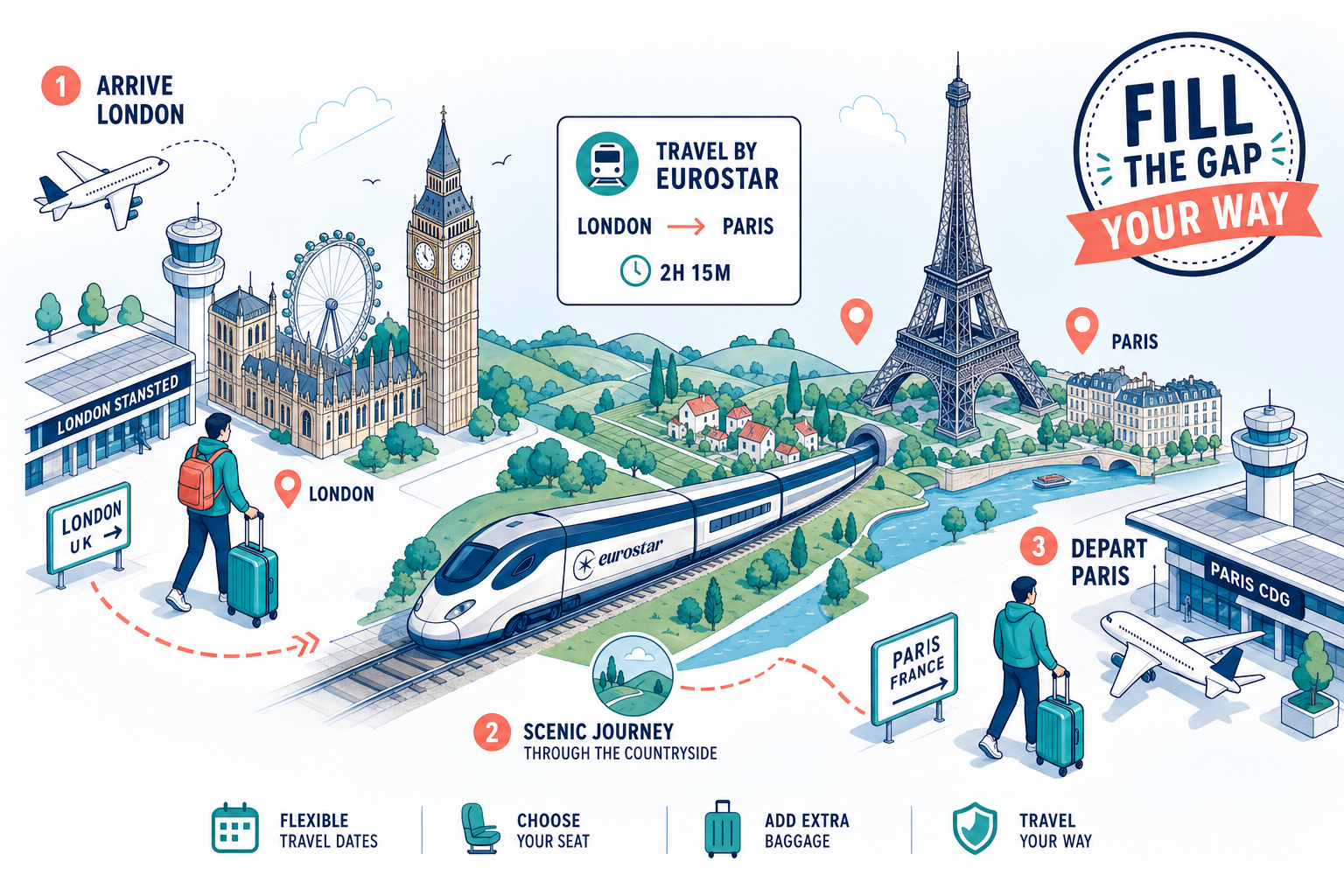 Traveler journeying from London to Paris by Eurostar train between open jaw flight segments