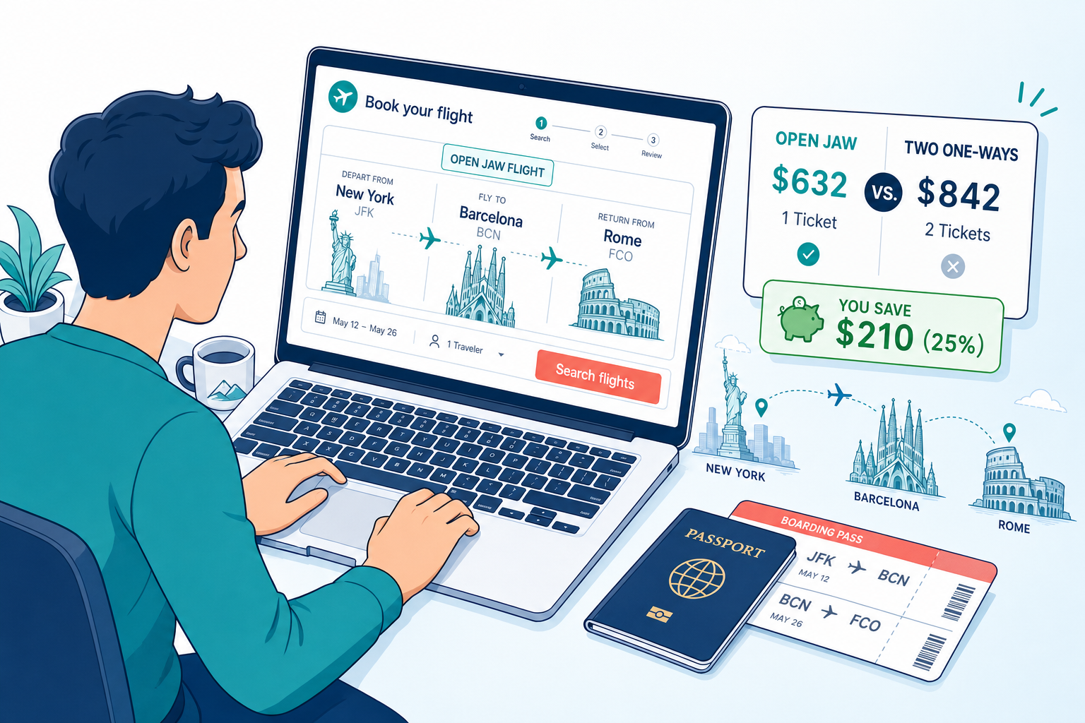 Traveler booking an open jaw flight on laptop showing price comparison versus two one-way tickets