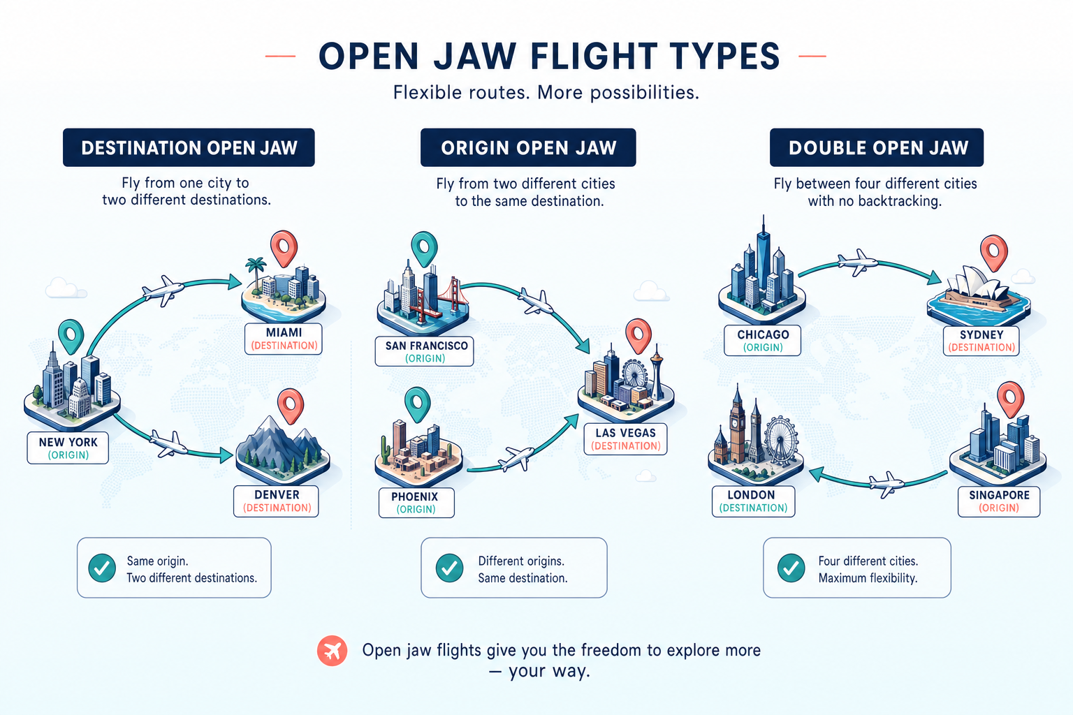 Three types of open jaw flights illustrated: destination open jaw, origin open jaw, and double open jaw route diagrams