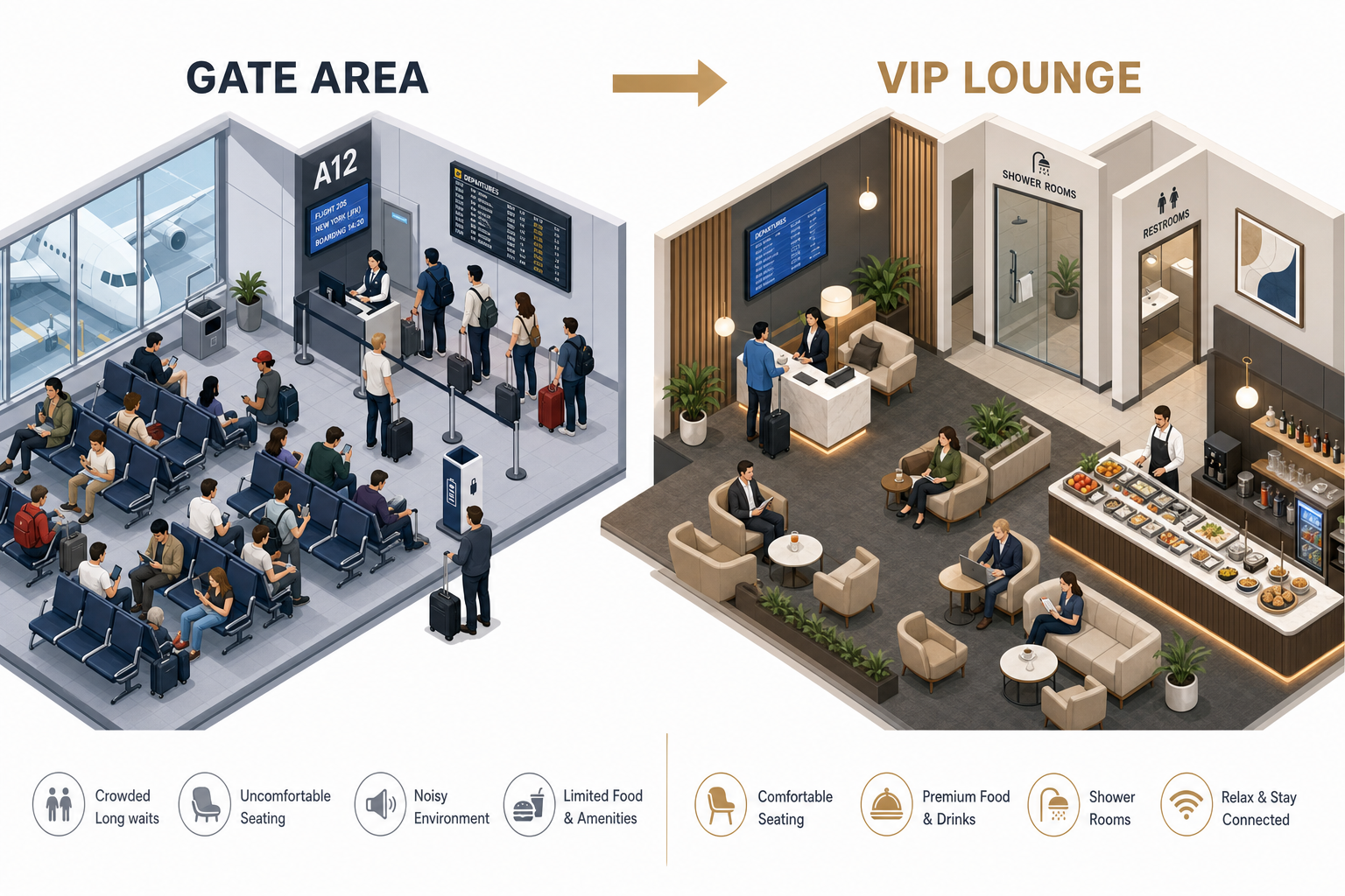 Airport gate area compared to VIP lounge interior