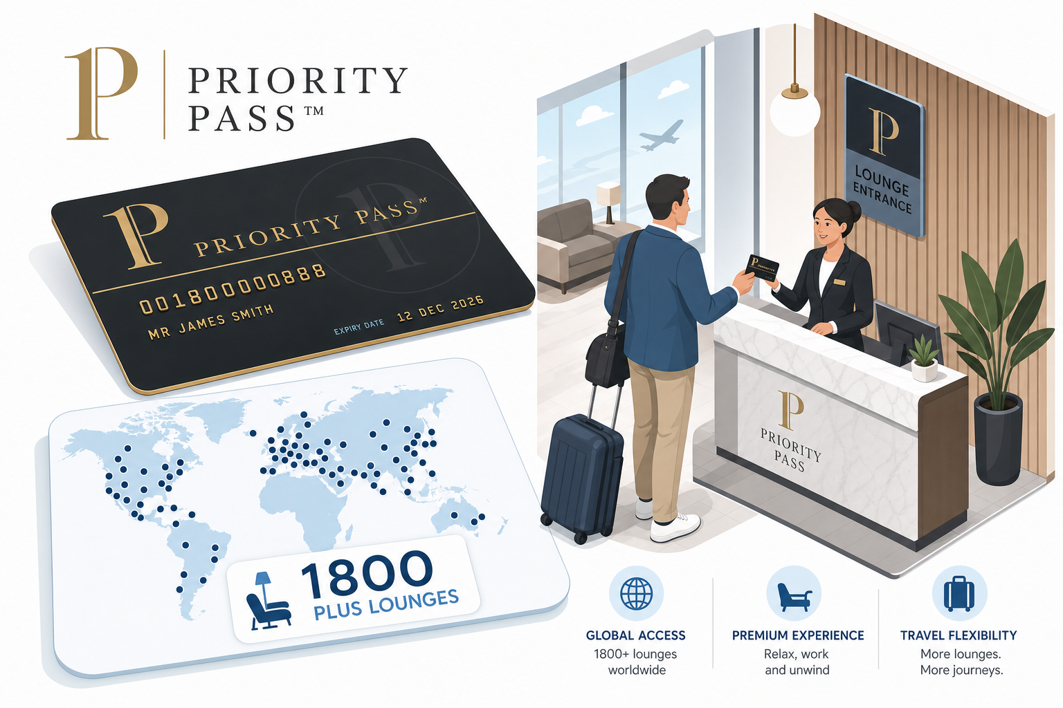 Priority Pass membership card and global lounge network map