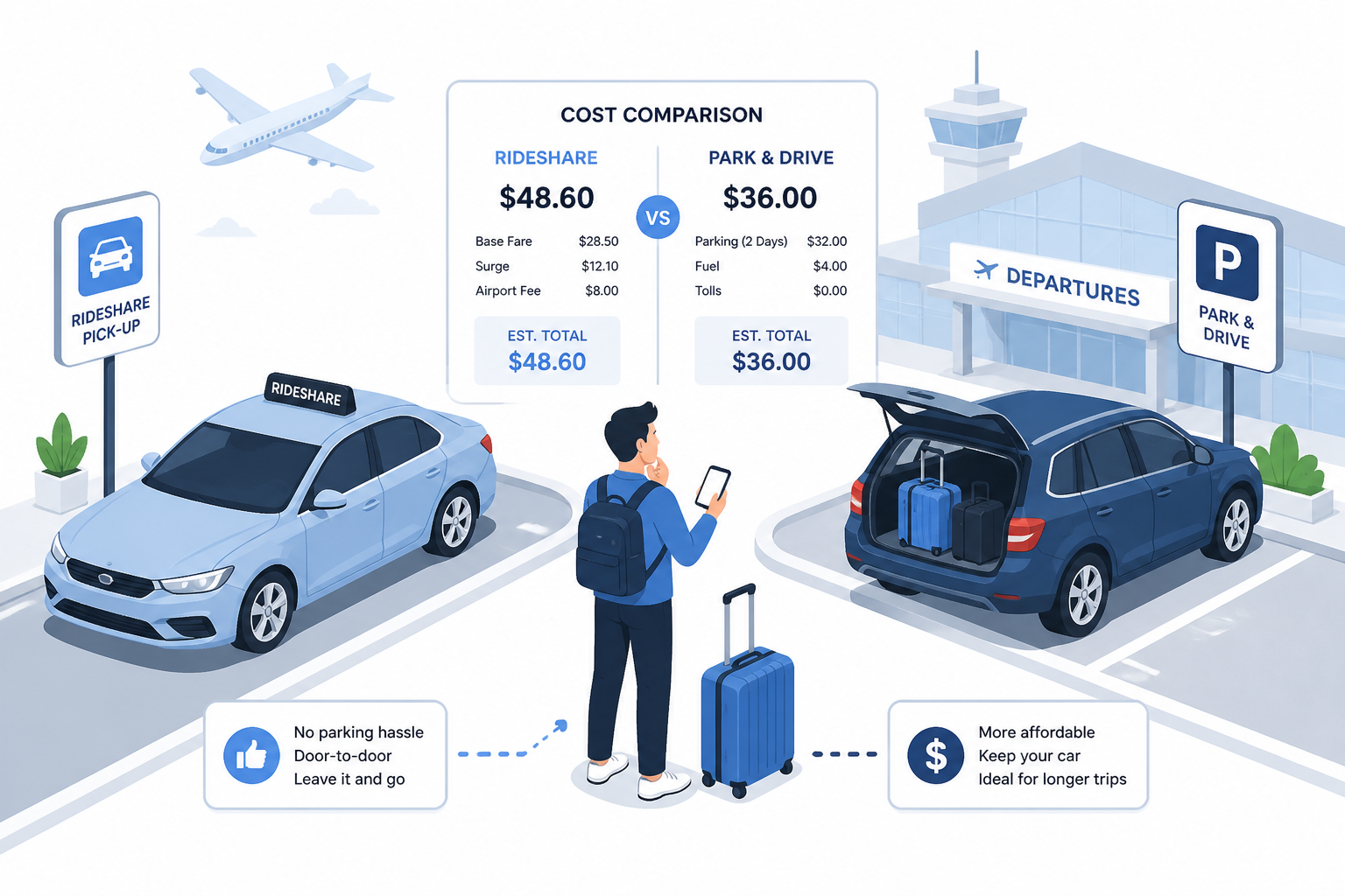 Isometric illustration of an airport parking lot with terminal shuttle buses and parked cars in organized rows