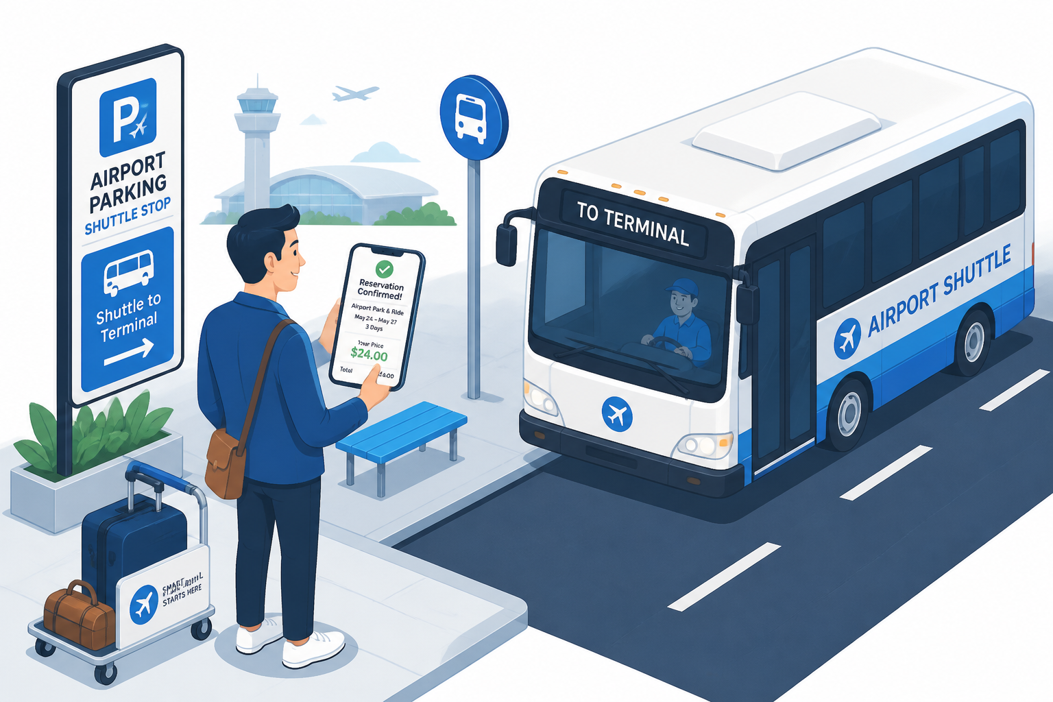 Flat illustration showing a traveler comparing transportation options at an airport including parking garage, shuttle bus, and rideshare pickup area