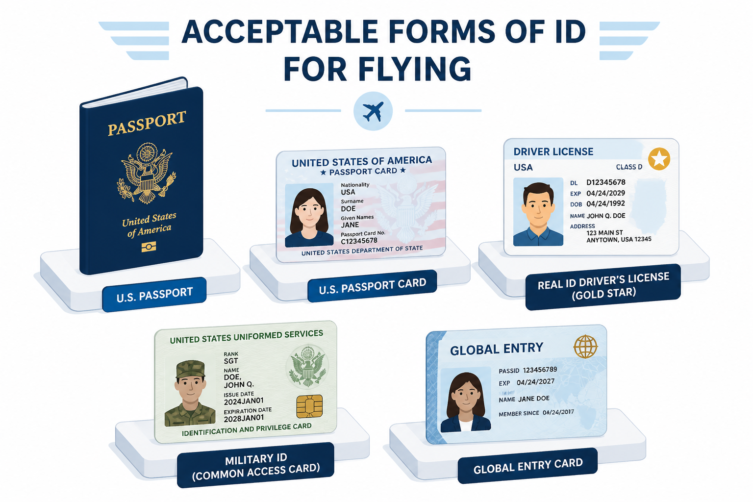 Illustrated guide showing a REAL ID card with a gold star marking and a TSA checkpoint