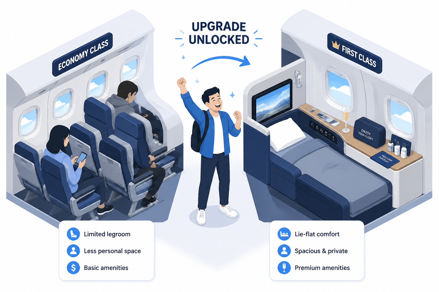 Flat illustration of a happy traveler relaxing in a spacious first class airplane seat with a window view