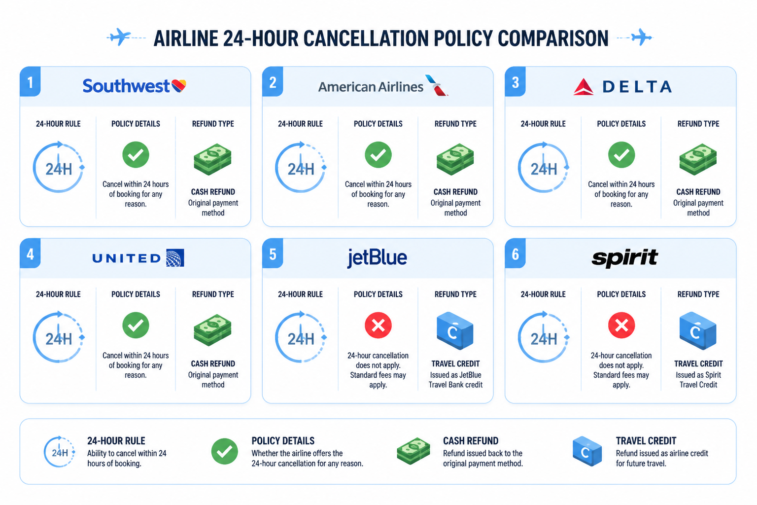 Side-by-side comparison of airline 24-hour cancellation policies showing different refund methods and restrictions