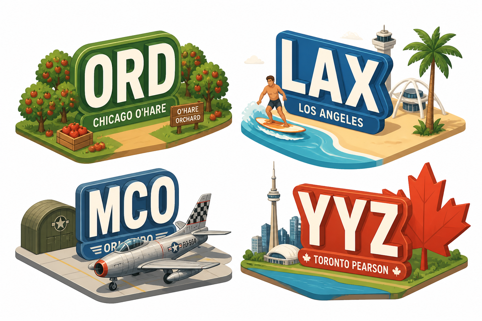 Illustrated guide to famous weird airport codes including ORD with an orchard, LAX with a surfer, MCO with a military jet, and YYZ with a Canadian flag