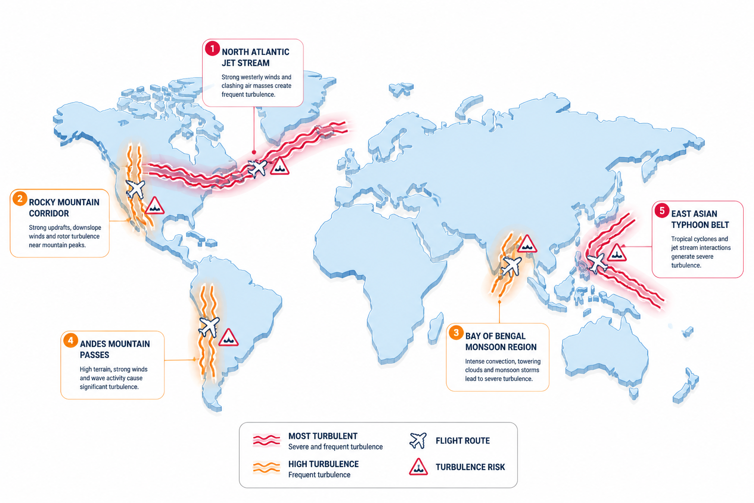World map showing the most turbulent flight routes highlighted across the North Atlantic, Andes, Rockies, and Himalayan regions