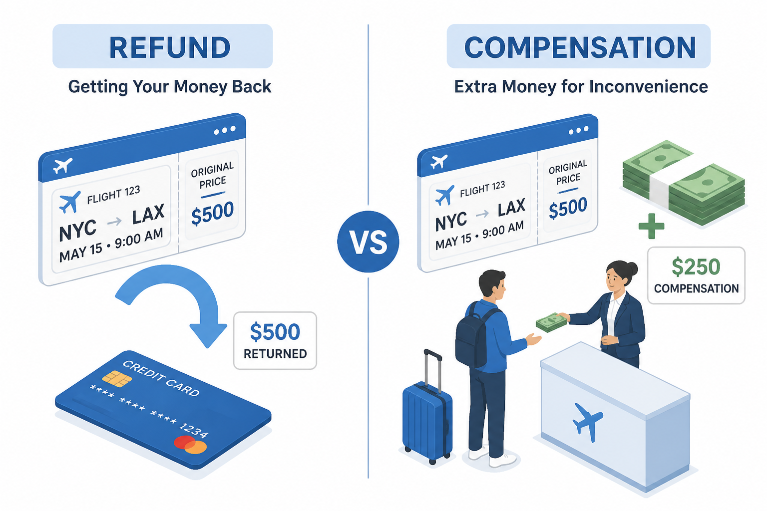 Split comparison showing the difference between a refund (getting your ticket money back) and compensation (extra money for inconvenience)