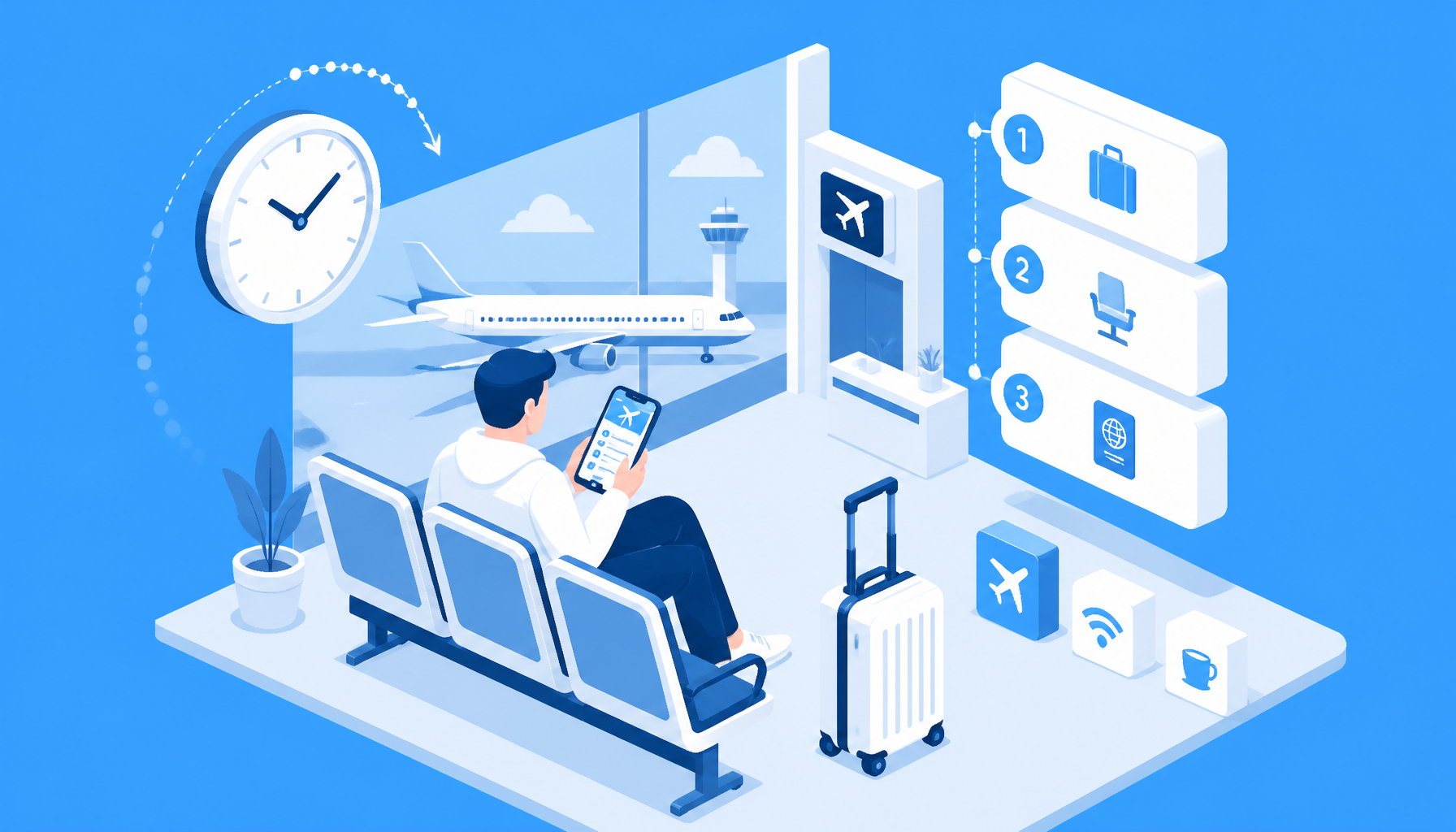 Illustration of non-revenue standby passengers waiting at an airport gate