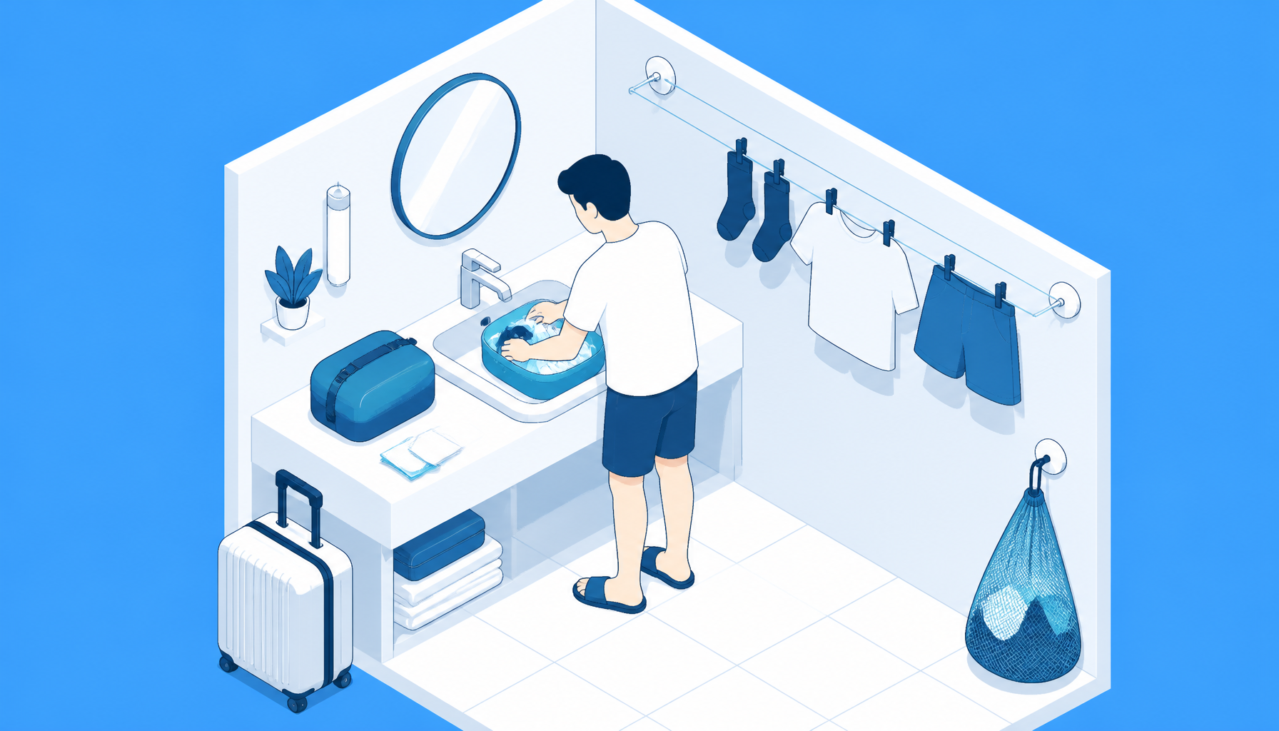 Illustration of travel laundry being done in a hotel sink with clothes hanging to dry