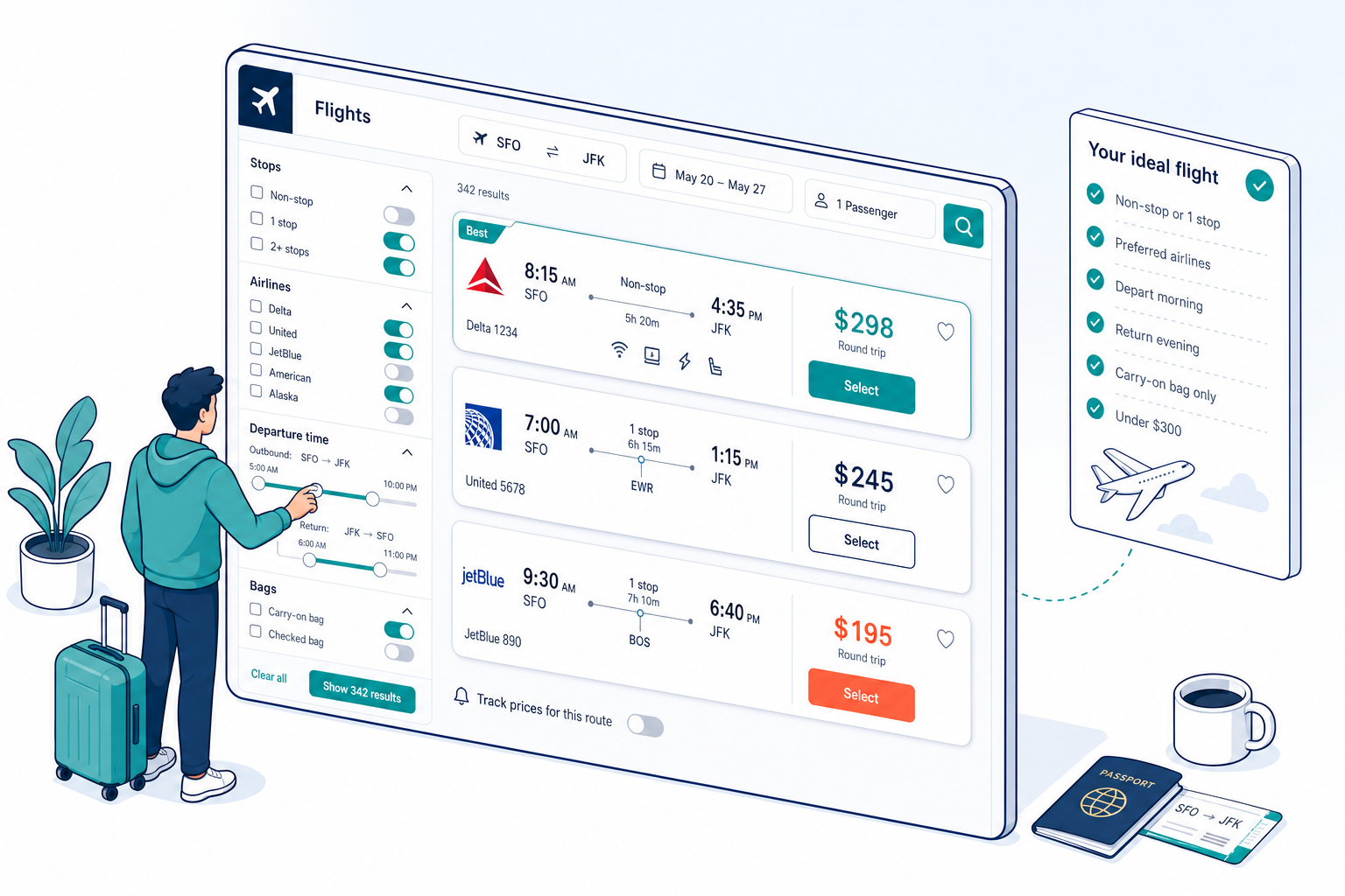 Google Flights search filters and flight results comparison